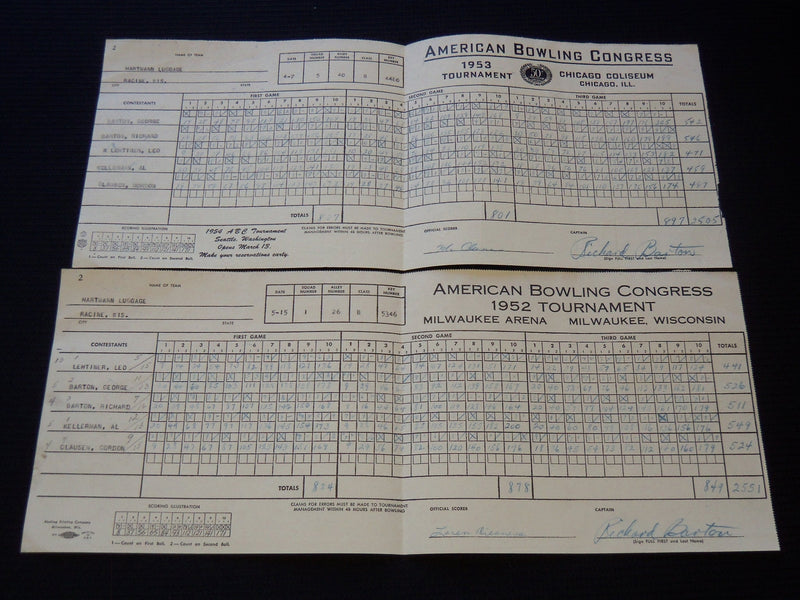 1952-1953 AMERICAN BOWLING CONGRESS SCORE SHEETS LOT OF 2 - MILWAUKEE WI- J 8035