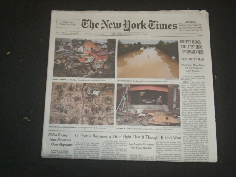 2021 JULY 17 NEW YORK TIMES - EUROPE'S FLOODS ARE LATEST SIGNS OF CLIMATE CRISIS