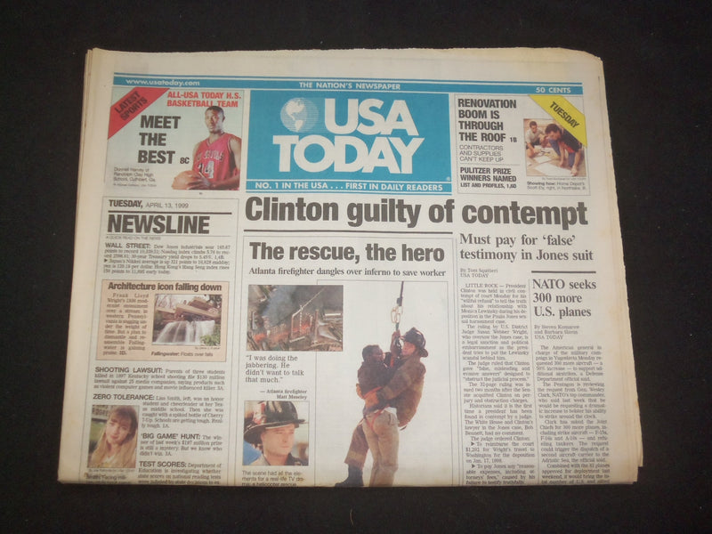 1999 APRIL 13 USA TODAY NEWSPAPER - CLINTON GUILTY OF CONTEMPT - NP 8022