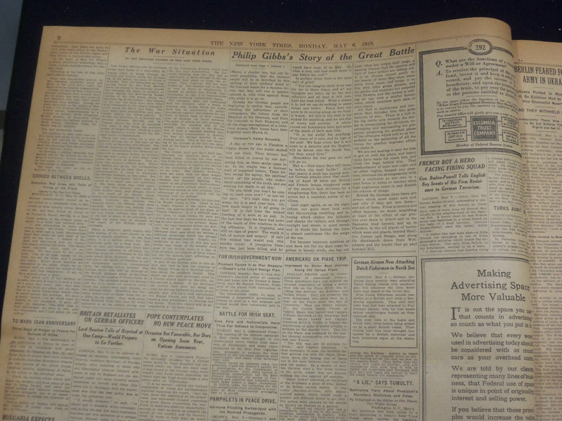 1918 MAY 6 NEW YORK TIMES - ALLIES PUSH GERMANS IN KEMMEL REGION - NT 8173