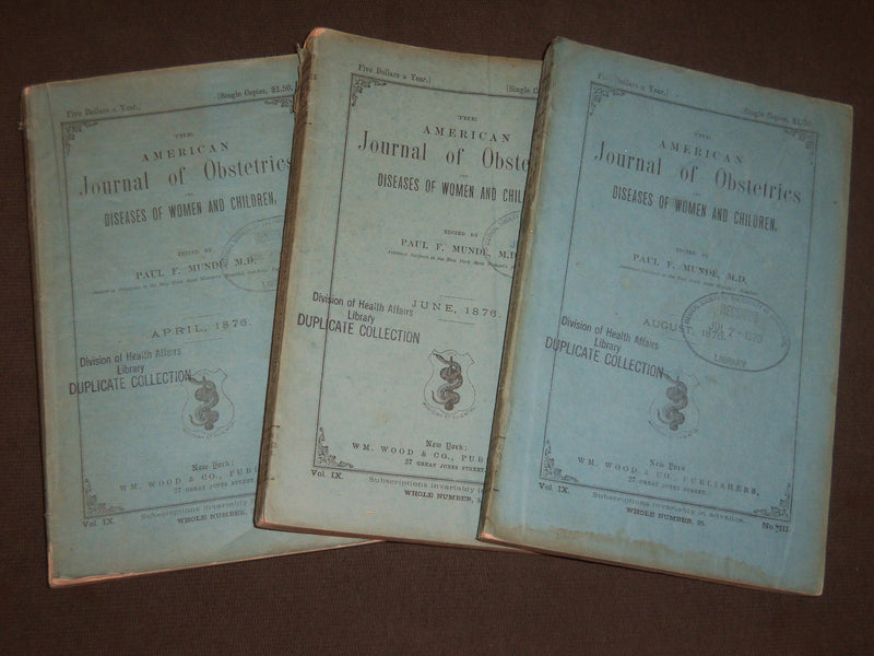 1876 THE AMERICAN JOURNAL OF OBSTETRICS MAGAZINE LOT OF 3 - NICE ADS - O 1092