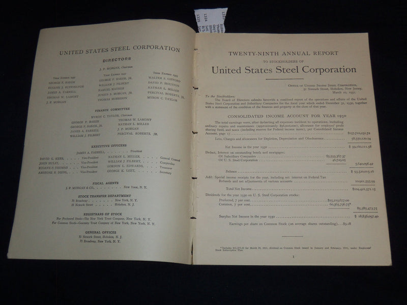 1930 U. S. STEEL CORPORATION 29TH ANNUAL REPORT - J 9010