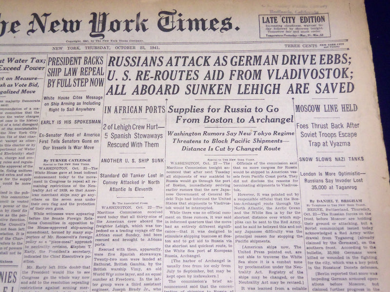 1941 OCTOBER 23 NEW YORK TIMES - ALL ABOARD SUNKEN LEHIGH ARE SAVED - NT 1116