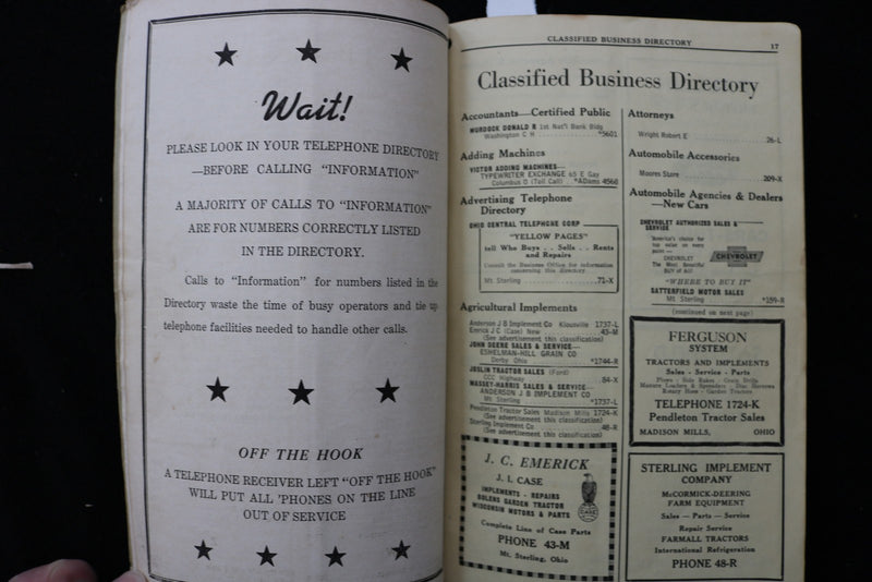 1950 SEPTEMBER MT. STERLING TELEPHONE DIRECTORY - STERLING, OHIO - K 3557