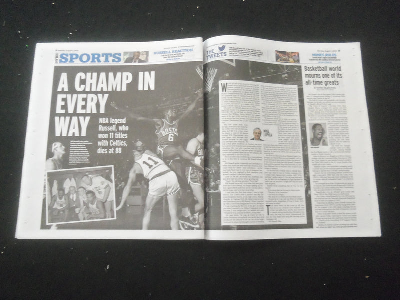 2022 AUGUST 1 NEW YORK DAILY NEWS NEWSPAPER - BILL RUSSELL DIED (1934-2022)
