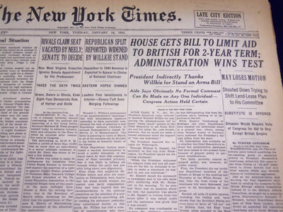 1941 JAN 14 NEW YORK TIMES - HOUSE GETS BILL TO LIMIT AID TO BRITISH - NT 1315