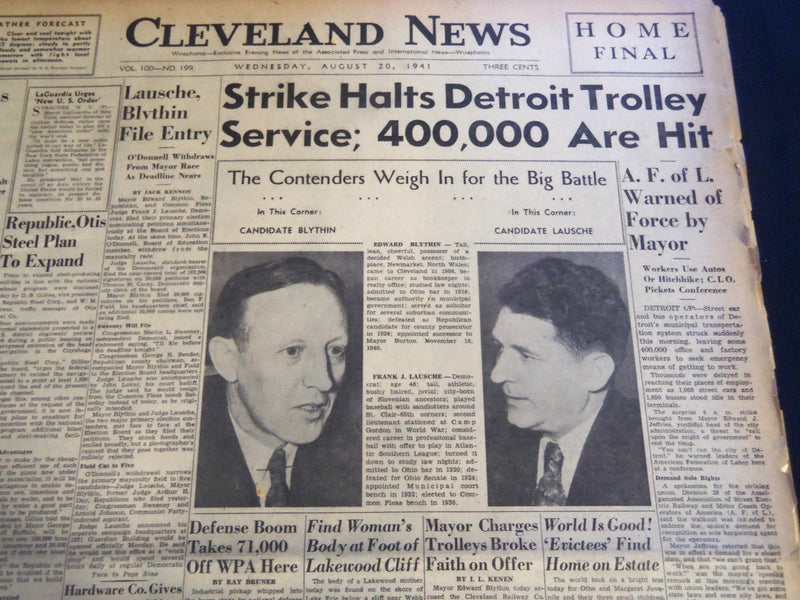 1941 AUGUST 20 CLEVELAND NEWS NEWSPAPER - STRIKE HALTS DETROIT TROLLEY - NT 7414