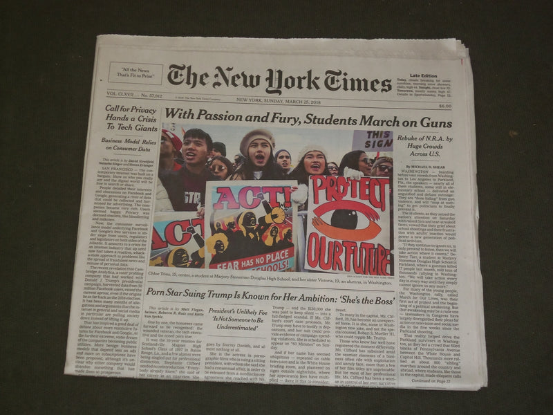 2018 MARCH 25 NEW YORK TIMES - STONEMAN DOUGLAS H.S. STUDENTS MARCH ON GUNS