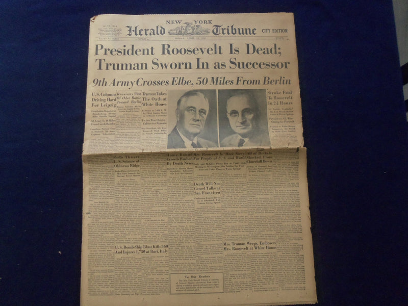 1945 APRIL 13 NEW YORK HERALD TRIBUNE NEWSPAPER-PRES ROOSEVELT IS DEAD - NP 6463