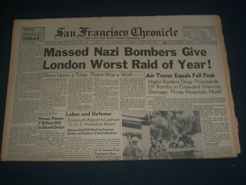 1941 MARCH 20 SAN FRANCISCO CHRONICLE - NAZI BOMBERS - SUPERMAN COMIC - NP 3623