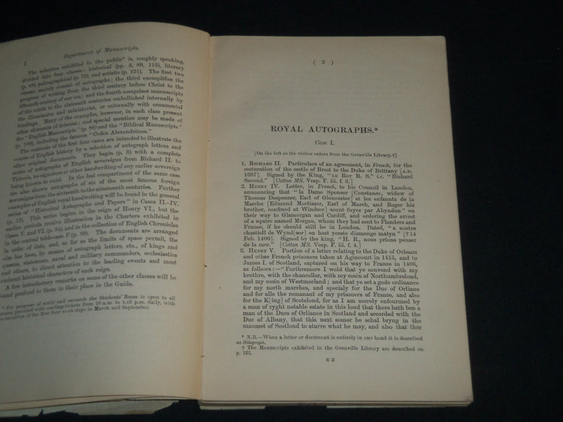 1906 BRITISH MUSEUM GUIDE TO THE MANUSCRIPTS BOOK - GRENVILLE LIBRARY - J 4318