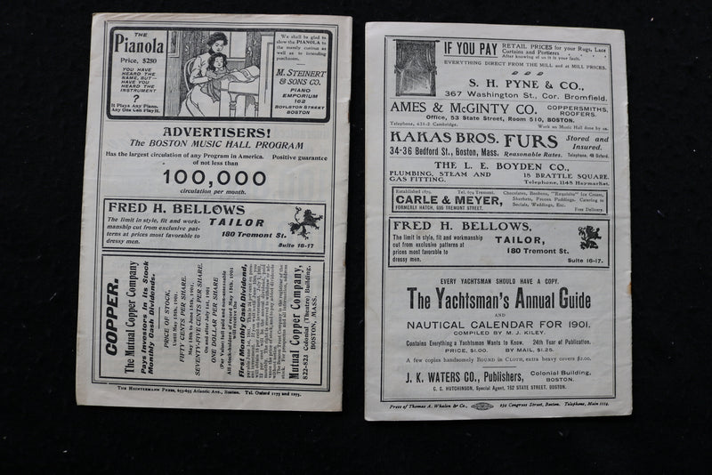 1901-1902 BOSTON MUSIC HALL THEATRE PROGRAMS - LOT OF 6 - K 1964