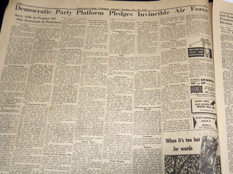 1940 JULY 18 JOURNAL EVERY EVENING NEWSPAPER - ROOSEVELT NOMINATED - NT 9446