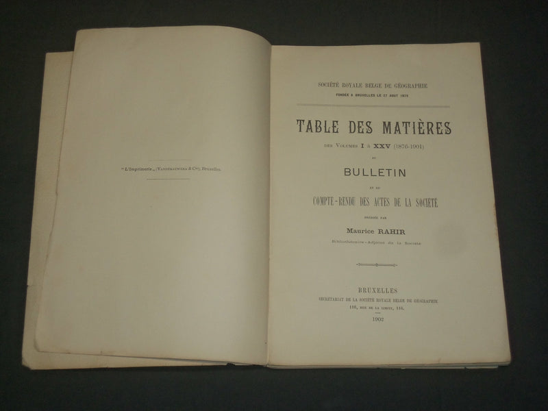 1902 TABLE DES MATIERES FRENCH BOOK - SOCIETE ROYALE BELGE - J 5913