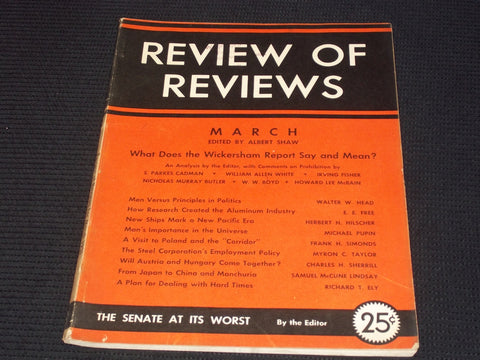 1931 MARCH REVIEW OF REVIEWS MAGAZINE - WICKERSHAM REPORT FRONT COVER - E 6349