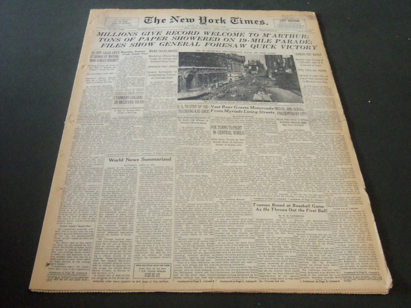 1951 APRIL 21 NEW YORK TIMES - MILLIONS GIVE RECORD WELCOME TO M'ARTHUR- NT 5844
