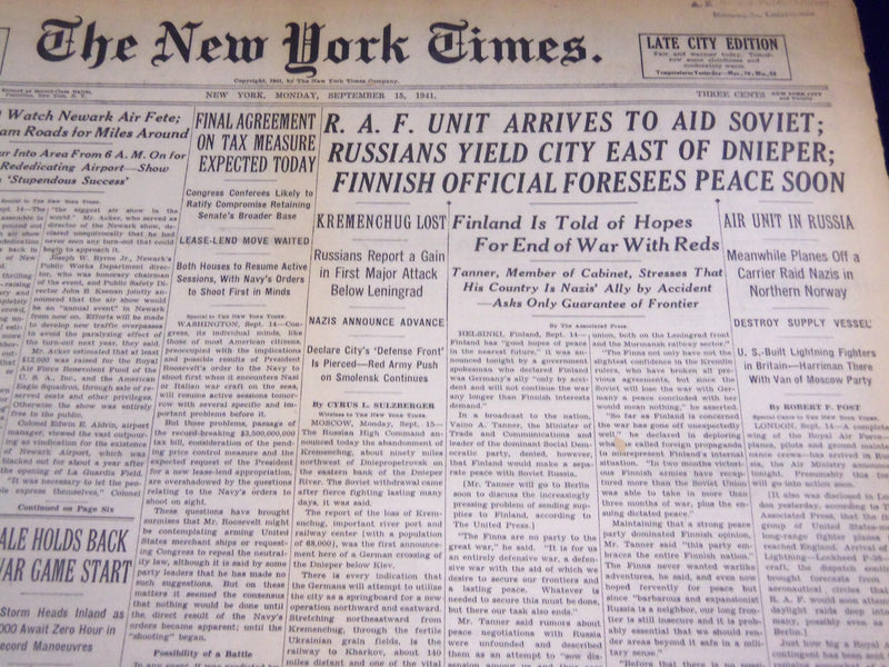 1941 SEPT 15 NEW YORK TIMES - RUSSIANS YIELD CITY EAST OF DNIEPER - NT 1471