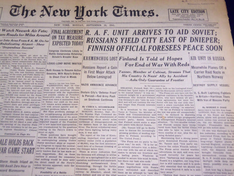 1941 SEPT 15 NEW YORK TIMES - RUSSIANS YIELD CITY EAST OF DNIEPER - NT 1471