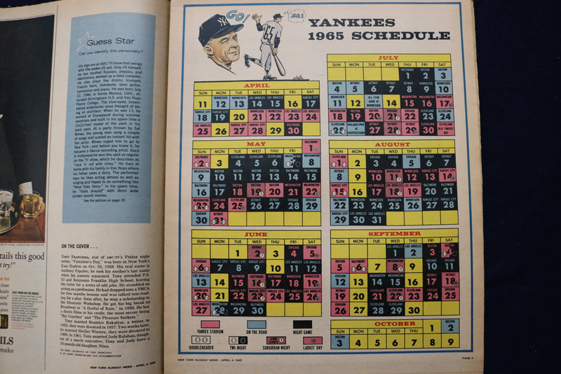 1965 APR 4 SUNDAY NEWS COLOROTO MAGAZINE-TONY FRANCIOSA - NY YANKS/METS- E 23216