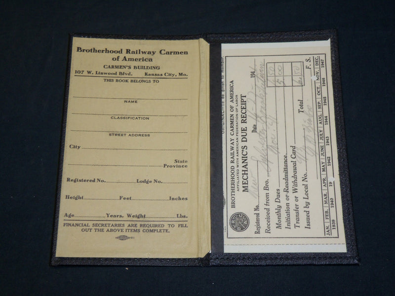 1941-1946 BROTHERHOOD RAILWAY CARMEN MECHANIC'S DUE RECEIPTS LOT OF 52 - J 5976