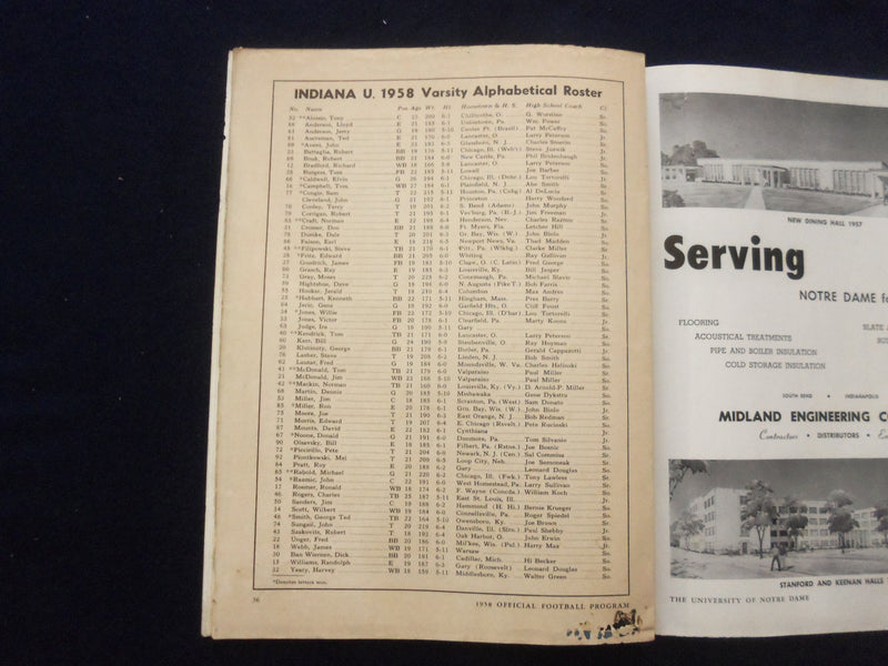 1958 SEPTEMBER 27 FOOTBALL PROGRAM - UNIV INDIANA VS. UNIV NOTRE DAME - SP 5454R