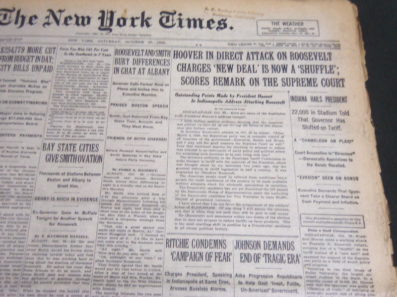 1932 OCTOBER 29 NEW YORK TIMES - HOOVER IN DIRECT ATTACK ON ROOSEVELT - NT 6981