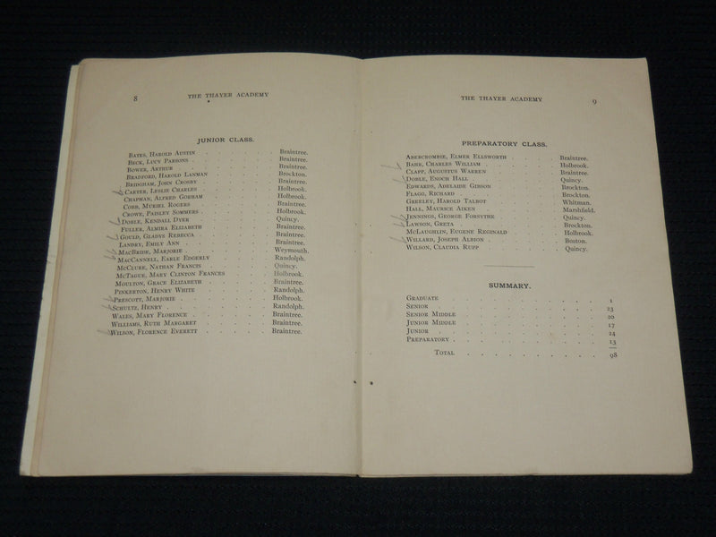 1911 THE THAYER ACADEMY 34TH YEAR CATALOGUE - BRAINTREE MASSACHUSETTS - J 7094