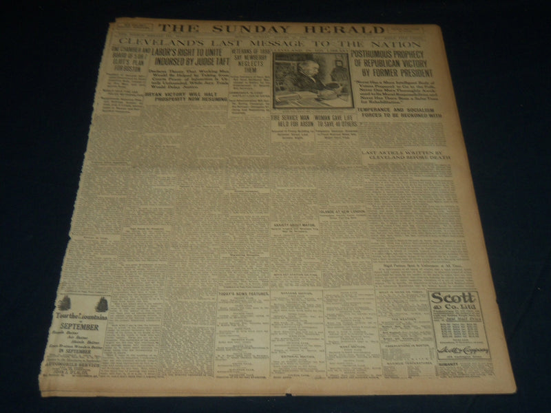 1908 AUGUST 30 THE BOSTON HERALD - CLEVELAND'S LAST MESSAGE TO NATION - BH 302