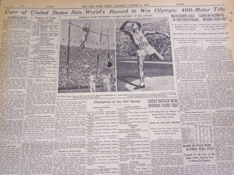 1932 AUG 6 NEW YORK TIMES - CARR OF U. S. SETS WORLD RECORD AT OLYMPICS- NT 4805
