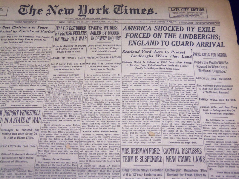 1935 DEC 24 NEW YORK TIMES - AMERICA SHOCKED BY EXILE FORCED LINDBERGHS- NT 1983