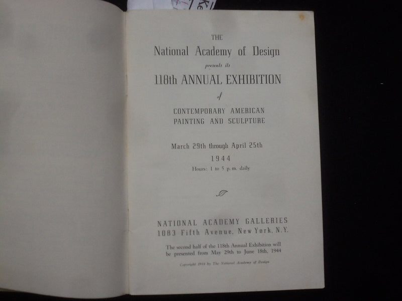 1944 NATIONAL ACADEMY 118TH ANNUAL EXHIBITION SOFTCOVER BOOK - NYC - J 9946