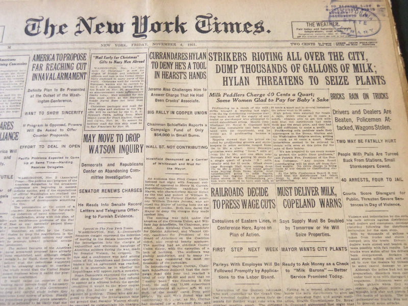 1921 NOVEMBER 4 NEW YORK TIMES - DUMP THOUSANDS OF GALLONS OF MILK - NT 6149