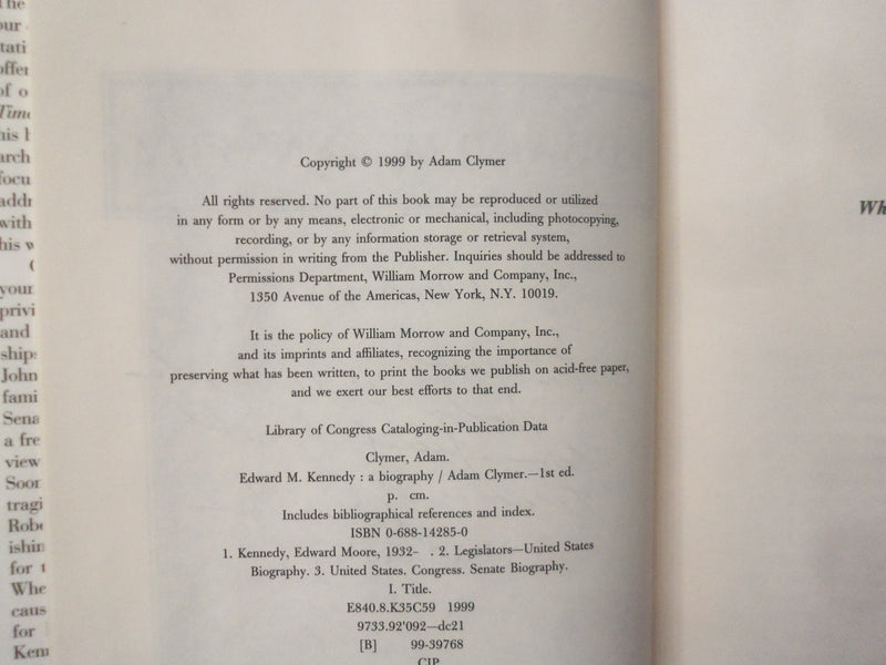 1999 EDWARD M. KENNEDY BIO. HARDCOVER BOOK - INSCRIBED BY ADAM CLYMER - KD 8548