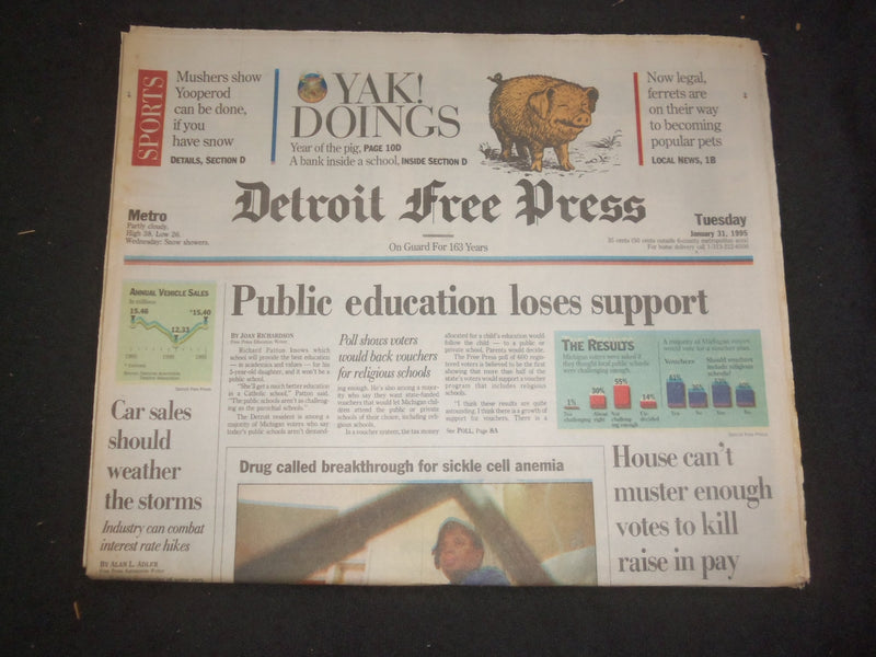 1995 JAN 31 DETROIT FREE PRESS NEWSPAPER-PUBLIC EDUCATION LOSES SUPPORT- NP 7661