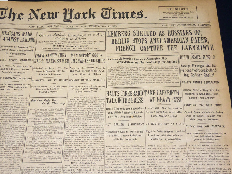 1915 JUNE 23 NEW YORK TIMES - LEMBERG SHELLED AS RUSSIANS GO - NT 7711