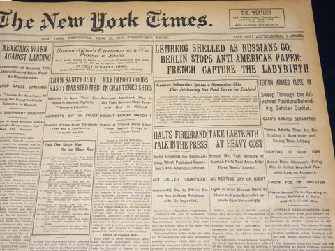 1915 JUNE 23 NEW YORK TIMES - LEMBERG SHELLED AS RUSSIANS GO - NT 7711