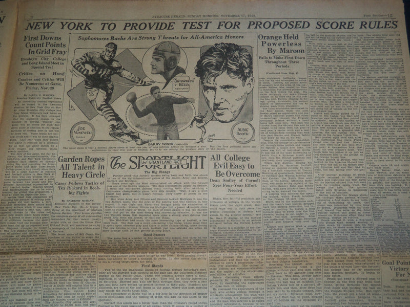 1929 SYRACUSE NY HERALD NEWSPAPER - COLGATE CRUSHES SYRACUSE 21-0 - NP 3788