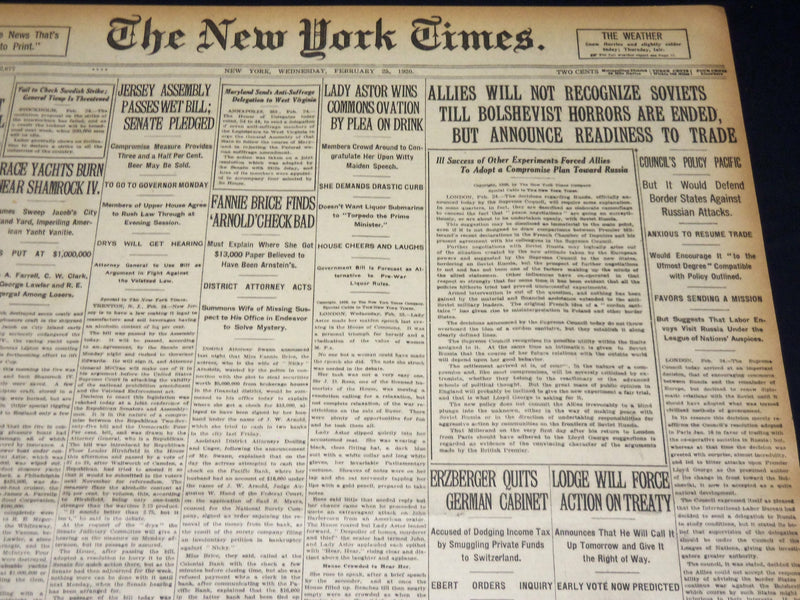 1920 FEBRUARY 25 NEW YORK TIMES - FANNIE BRICE FINDS ARNOLD CHECK BAD - NT 7877