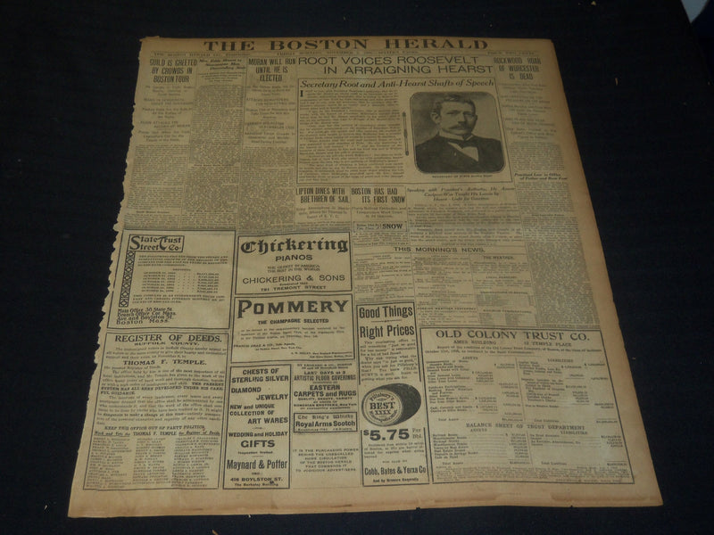 1906 NOV 2 THE BOSTON HERALD - ROOT VOICES ROOSEVELT ARRAIGNING HEARST - BH 139