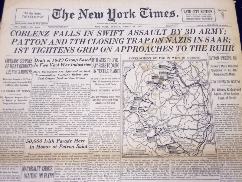 1945 MARCH 18 NEW YORK TIMES - PATTON AND 7TH CLOSING TRAP ON NAZIS - NT 274