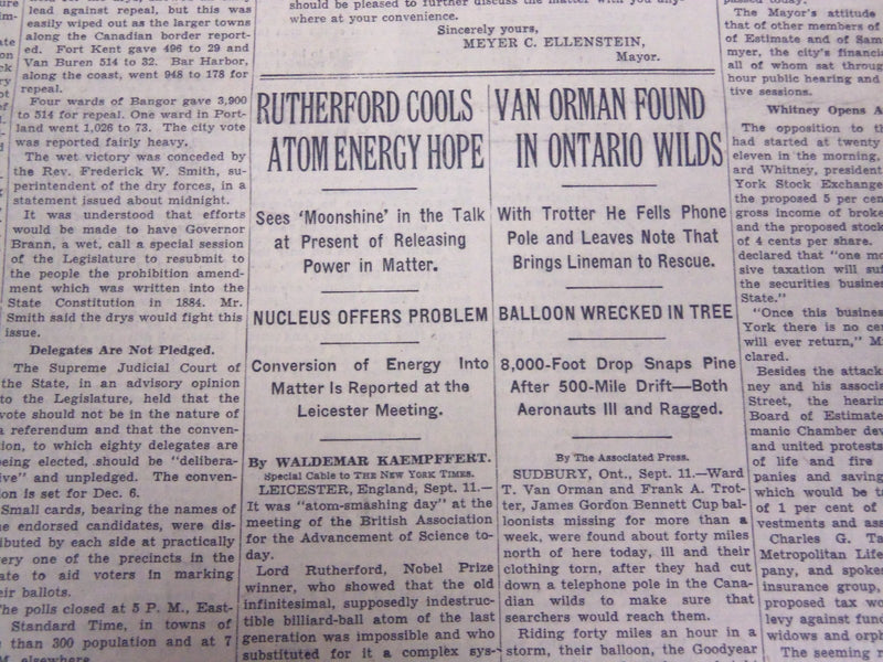 1933 SEPTEMBER 12 NEW YORK TIMES - RUTHERFORD COOLS ATOM HOPE - NT 4173