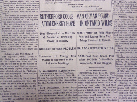 1933 SEPTEMBER 12 NEW YORK TIMES - RUTHERFORD COOLS ATOM HOPE - NT 4173