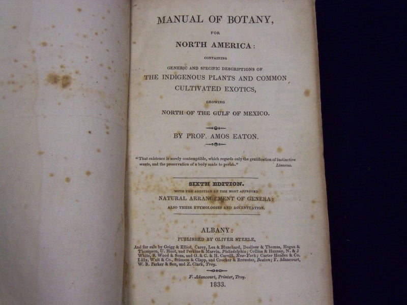 1833 MANUAL OF BOTANY FOR NORTH AMERICA BY AMOS EATON 6TH EDITION - KD 3490L