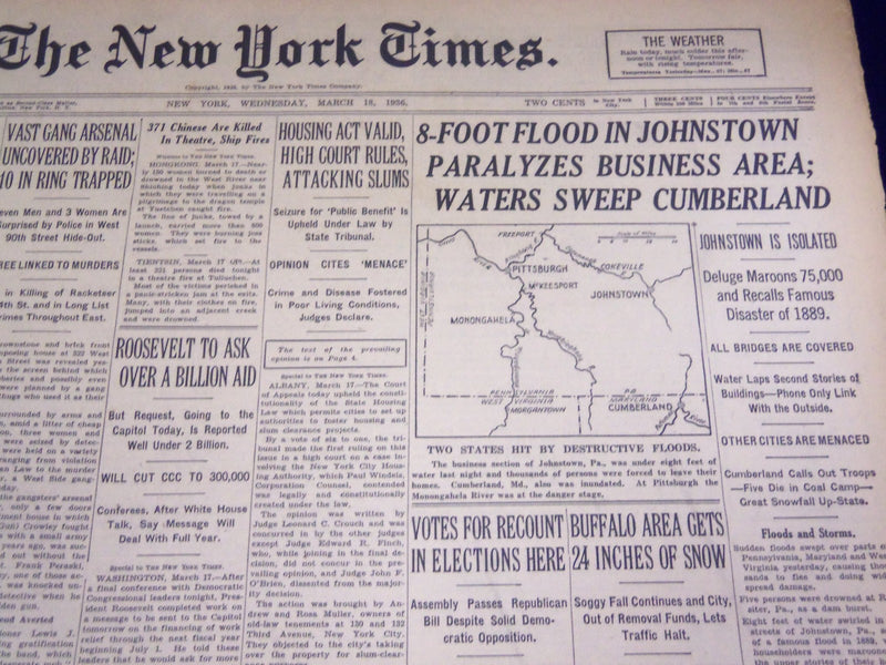 1936 MARCH 18 NEW YORK TIMES - 8 FOOT FLOOD IN JOHNSTOWN PARALYZES AREA- NT 1850