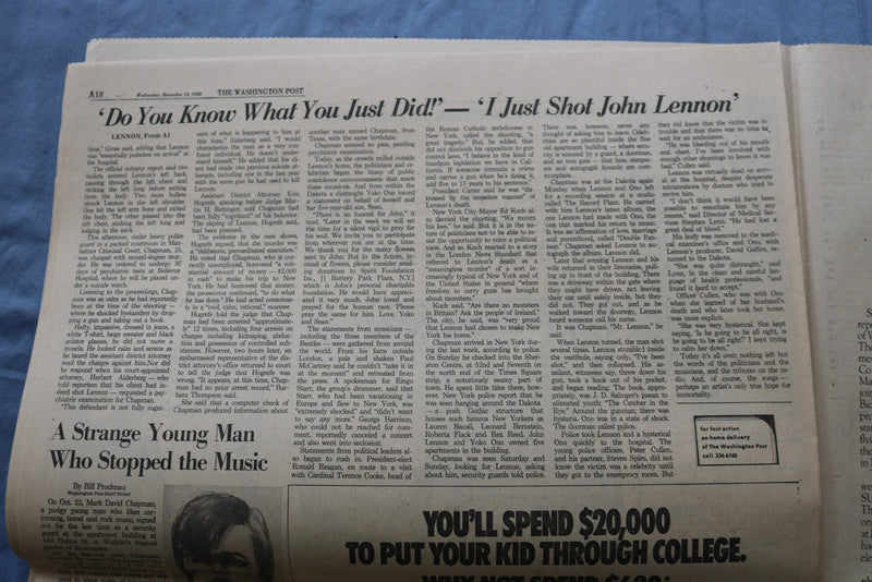 1980 DECEMBER 10 THE WASHINGTON POST - JOHN LENNON MURDERED - NP 9211