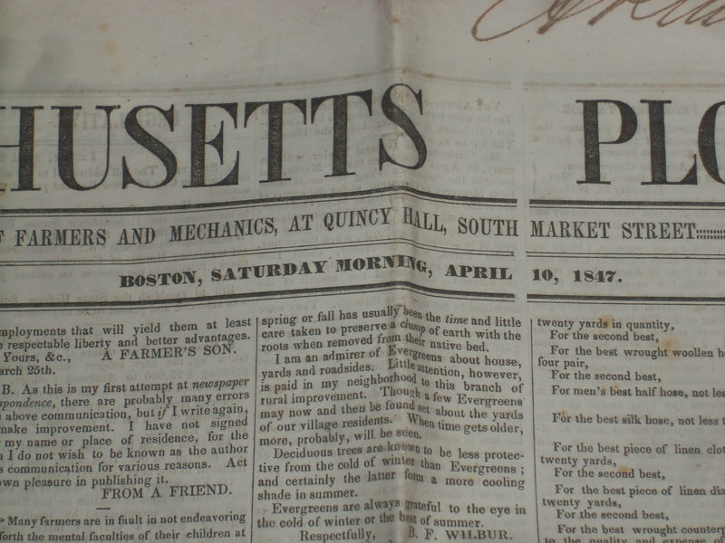 1847 APRIL 10 MASSACHUSETTS PLOUGHMAN NEWSPAPER - NIAGARA BRIDGE - NP 5144