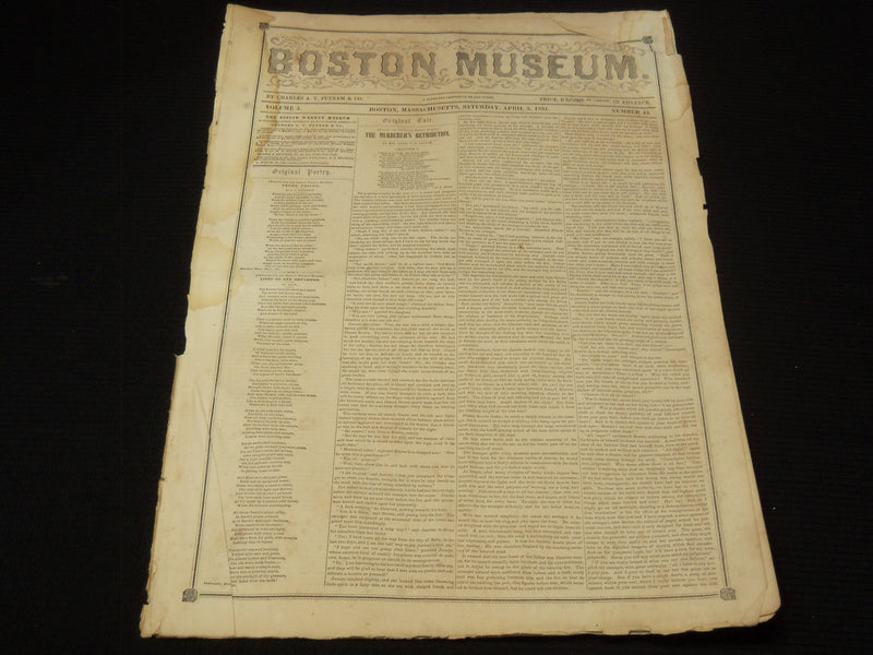 1851 APRIL 5 BOSTON MUSEUM NEWSPAPER - MURDERER'S RETRIBUTION - AMIE - NP 9027