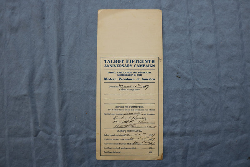 1927 TALBOT 15TH ANNIVERSARY CAMPAIGN APPLICATION - MODERN WOODMEN - K 3135