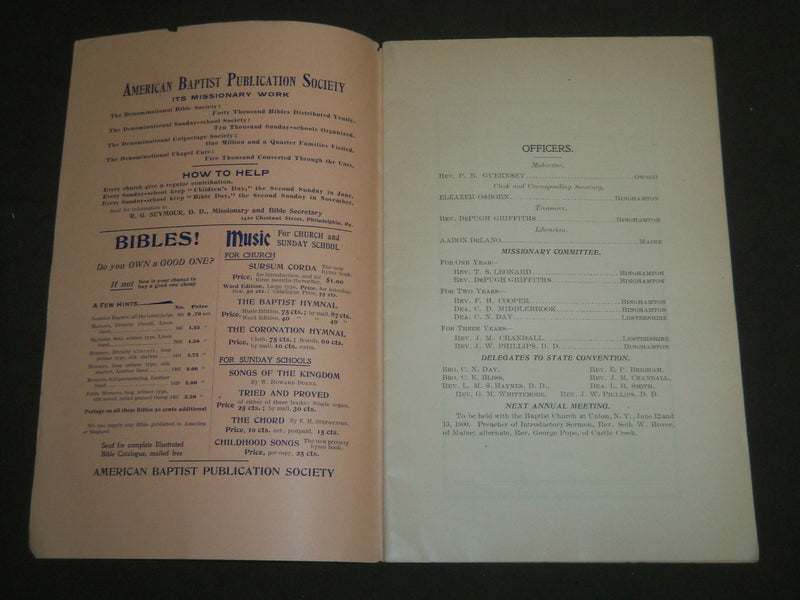 1898-1899 BROOME AND TIOGA BAPTIST ASSOCIATION 75TH & 76TH ANNIVERSARY - J 4410
