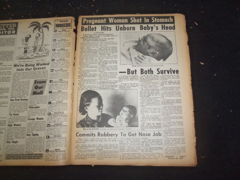 1967 JANUARY 30 MIDNIGHT NEWSPAPER - UNBORN BABY SHOT IN MOM'S WOMB - NP 7375